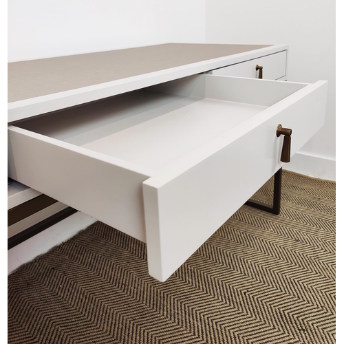 379 - DESK, with three frieze drawers and fabric style top, 170cm W x 60cm D x 76cm H.