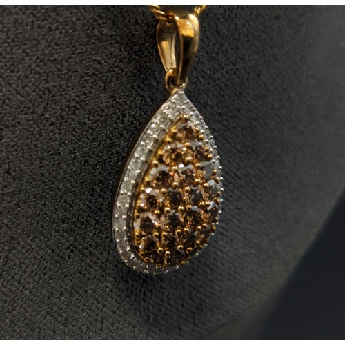 38 - AN 9CT YELLOW GOLD PEARL SHAPED PENDANT, set with a cluster of diamonds, with an approximate total c... 