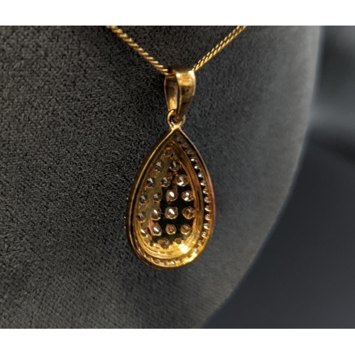 38 - AN 9CT YELLOW GOLD PEARL SHAPED PENDANT, set with a cluster of diamonds, with an approximate total c... 