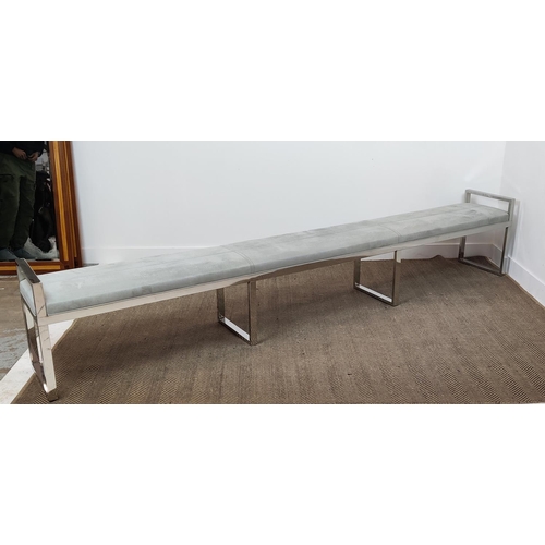 381 - LONG BENCH, with a metal frame and leather seat, 310cm L x 41cm x 57cm H.