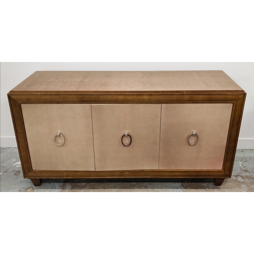 383 - SIDEBOARD, three doors, two enclosing drawers, one a cupboard, 51cm x 87cm H x 161cm.