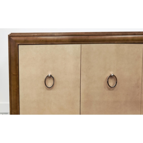 383 - SIDEBOARD, three doors, two enclosing drawers, one a cupboard, 51cm x 87cm H x 161cm.