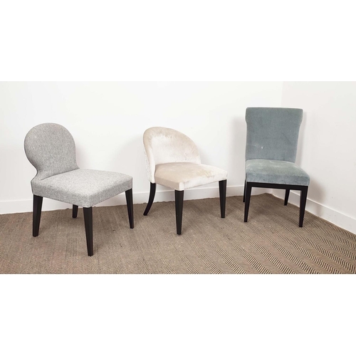 384 - SIDE CHAIRS, 3 differing, one duck egg blue velvet, one flecked and one silvery velvet with contract... 