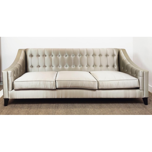 413 - SOFA, button back, grey upholstery ebonised supports with studded detail, 231cm W approx.