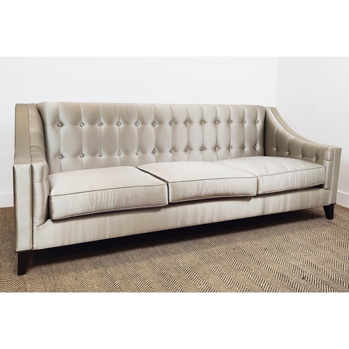 413 - SOFA, button back, grey upholstery ebonised supports with studded detail, 231cm W approx.