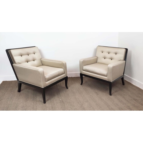 414 - ARMCHAIRS, a pair, button back ebonised frames, 68cm W approx. (2)