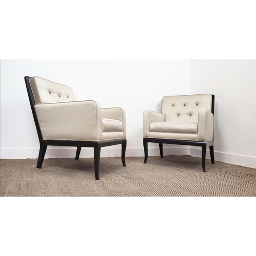 414 - ARMCHAIRS, a pair, button back ebonised frames, 68cm W approx. (2)