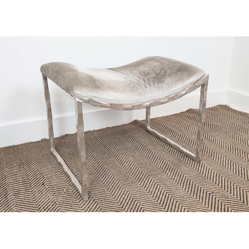 415 - STOOL, patterned grey upholstery, silver painted metal frame, 61cm W approx.