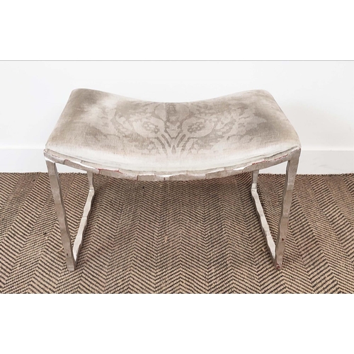 415 - STOOL, patterned grey upholstery, silver painted metal frame, 61cm W approx.