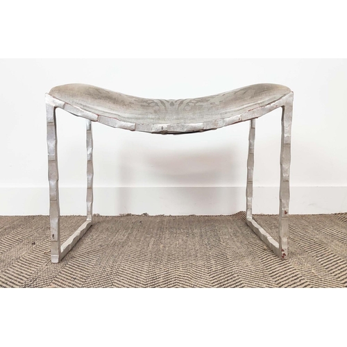 415 - STOOL, patterned grey upholstery, silver painted metal frame, 61cm W approx.