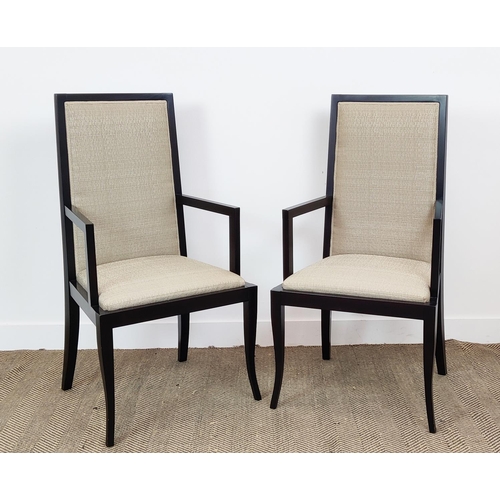 418 - OPEN ARMCHAIRS, a pair, with black frames, each 58cm x 110cm H. (2)