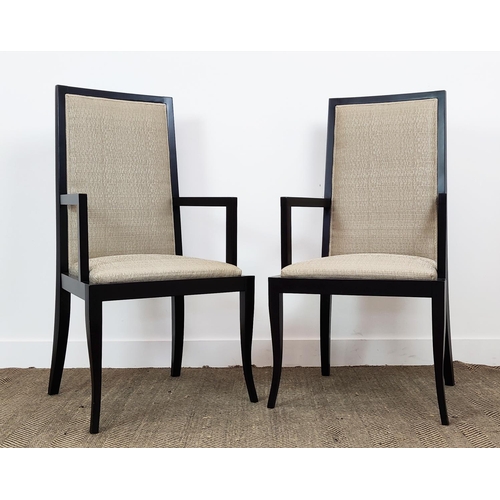 418 - OPEN ARMCHAIRS, a pair, with black frames, each 58cm x 110cm H. (2)