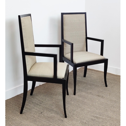 418 - OPEN ARMCHAIRS, a pair, with black frames, each 58cm x 110cm H. (2)