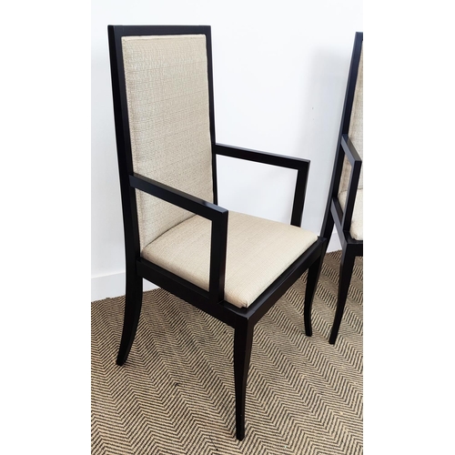 418 - OPEN ARMCHAIRS, a pair, with black frames, each 58cm x 110cm H. (2)