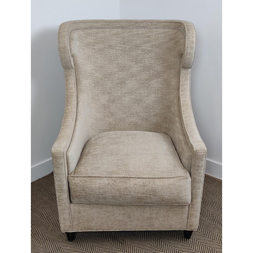 419 - ARMCHAIR, of curved form 78cm x 112cm H with studded detail and a footstool to match. (2)