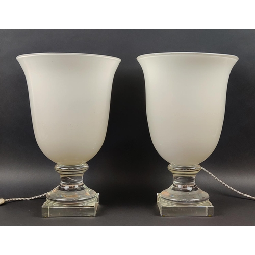 422 - TABLE LAMPS, a pair, in opaque glass of trumpet form, each 53cm H x 34cm. (2)