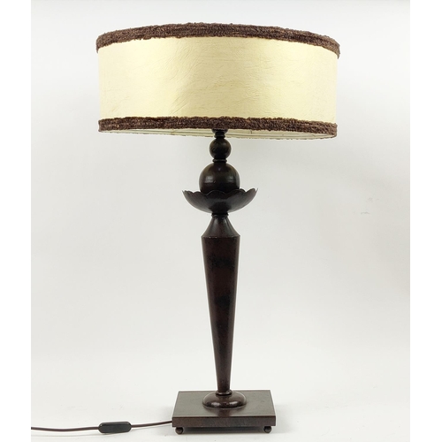 423 - TABLE LAMP, metal with a circular tufted shade, 72cm H including shade.