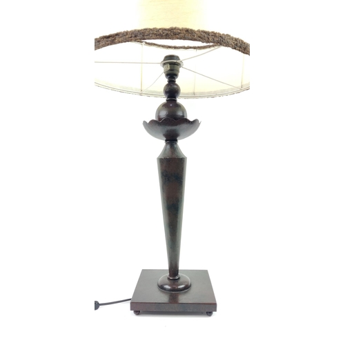 423 - TABLE LAMP, metal with a circular tufted shade, 72cm H including shade.