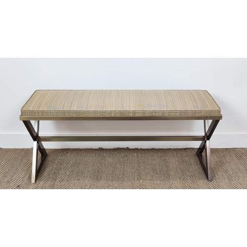 426 - BENCH, with striped fabric on a metal base, 110cm x 37cm x 50cm H.