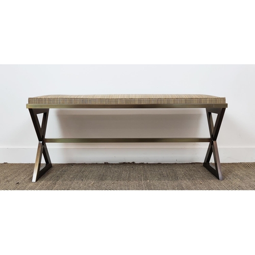 426 - BENCH, with striped fabric on a metal base, 110cm x 37cm x 50cm H.