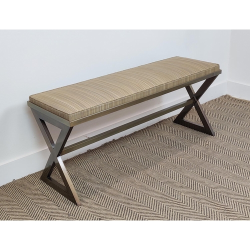 426 - BENCH, with striped fabric on a metal base, 110cm x 37cm x 50cm H.