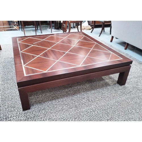 432 - LOW TABLE, of large proportions, with a geometric patterned top with metal inlay, 142cm x 142cm x 40... 