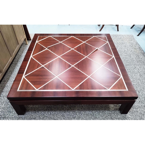 432 - LOW TABLE, of large proportions, with a geometric patterned top with metal inlay, 142cm x 142cm x 40... 