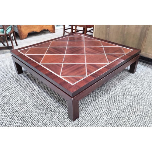 432 - LOW TABLE, of large proportions, with a geometric patterned top with metal inlay, 142cm x 142cm x 40... 