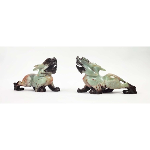 6 - CHINESE JADE LIONS, a pair, 32cm L. and two carvings of ladies with attendants. (4)