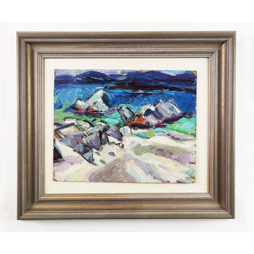 65 - STELLA AUCHINLECK, 'Iona North End', oil on board, 24cm x 29cm, label verso, framed.