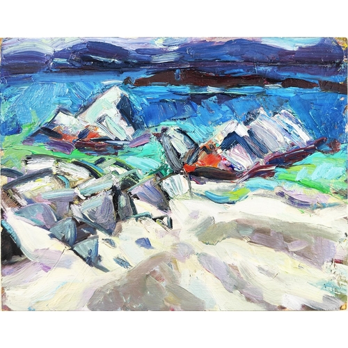 65 - STELLA AUCHINLECK, 'Iona North End', oil on board, 24cm x 29cm, label verso, framed.