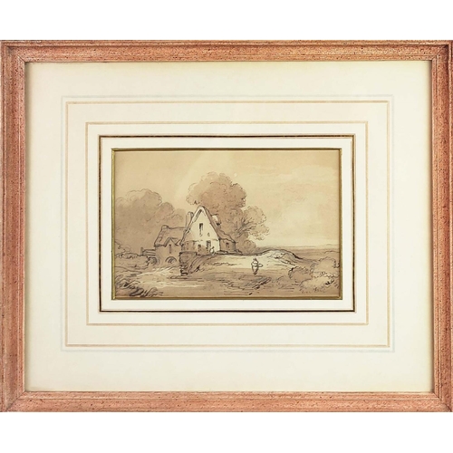 69 - GEORGE ROBERTSON (1748-1788), 'Cottage, in a landscape with threes', ink wash, 15cm x 23cm, framed.