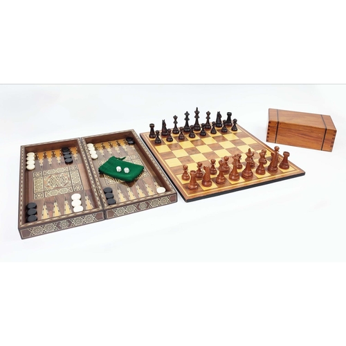 7 - DAMASCUS FOLDING BACKGAMMON AND CHESSBOARD BOX, with micro marquetry mother of pearl and bone inlay ... 