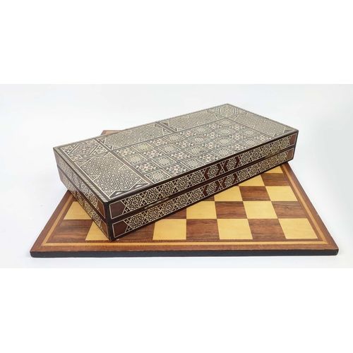 7 - DAMASCUS FOLDING BACKGAMMON AND CHESSBOARD BOX, with micro marquetry mother of pearl and bone inlay ... 