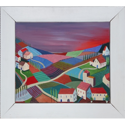 79 - JON ASTROP (b. 1955), 'Landscape in ribbed white frame', oil on canvas, 79cm L x 69cm H.