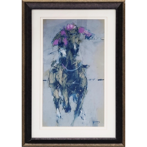 99 - ALASDAIR BANKS (20th century Scottish), 'Jockey', pastel, 57cm x 30cm, framed.