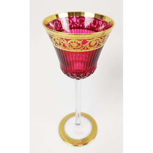 37 - SAINT LOUIS, set of six hock glasses, red crystal glass, thistle, design, gilt rims, 20.5cm H, compl... 