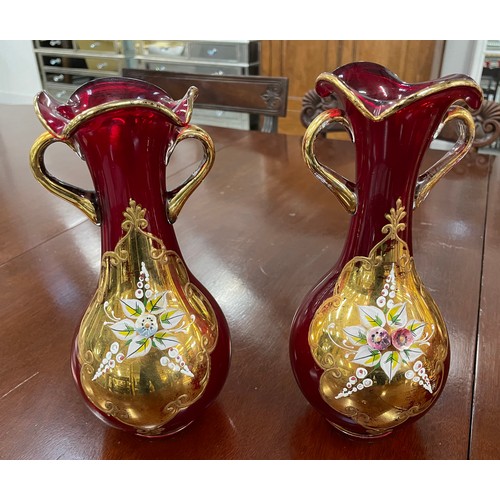 41 - VENETIAN MURANO TRE FUOCHI RUBY GLASS, comprising three pairs of vases, a pair of pitchers, a pair o... 