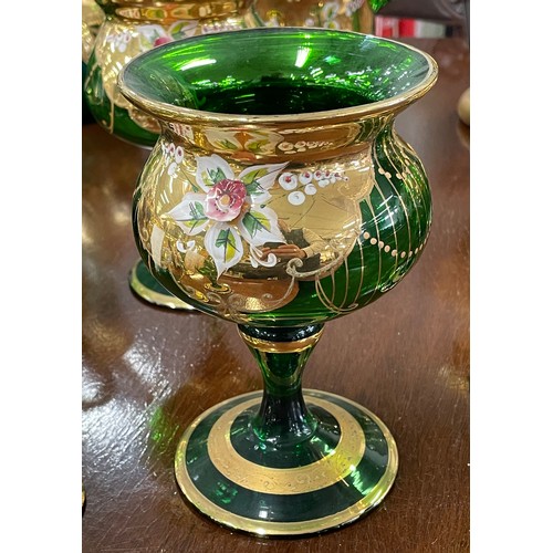 43 - VENETIAN MURANO TRE FUOCHI GREEN GLASS, comprising a candlestick, decanter with stopper, a basket, h... 