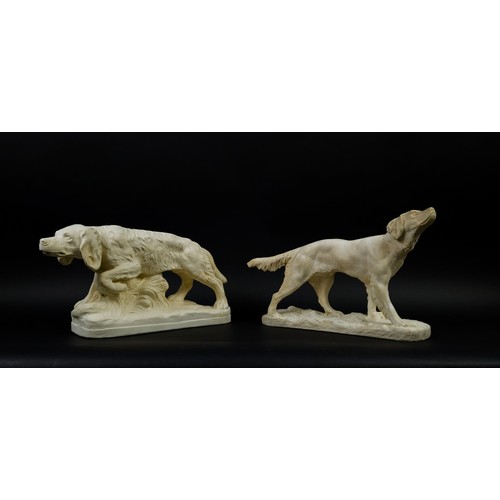 44 - TWO DOG FIGURES, plaster, one depicting a labrador and the other of a golden retriever,, largest6 27... 