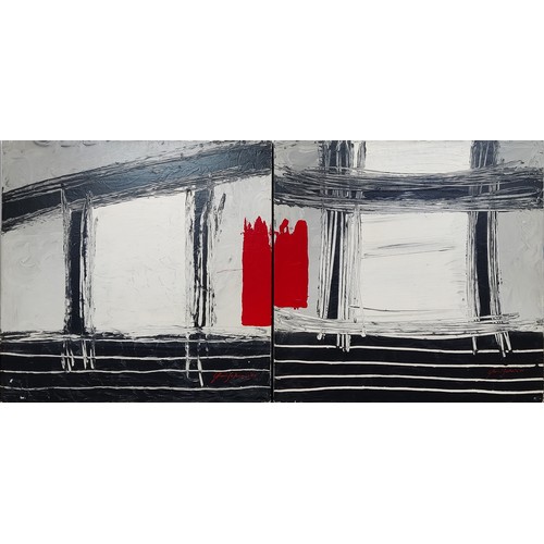 82 - 20TH CENTURY SCHOOL, Abstract, diptych on wood, each panel 70cm x 70cm - 70cm x 140cm overall.