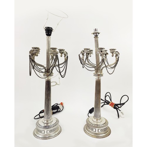 47 - A PAIR OF SILVER PLATED CANDELABRA STYLE TABLE LAMPS, neo-classical style, 65cm H.