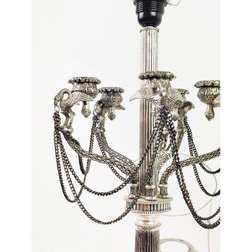 47 - A PAIR OF SILVER PLATED CANDELABRA STYLE TABLE LAMPS, neo-classical style, 65cm H.