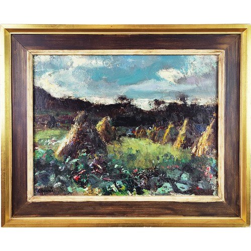 76 - J AUCHINLECK, 'Stooks in Skye', oil on board, 34cm x 44cm, framed.