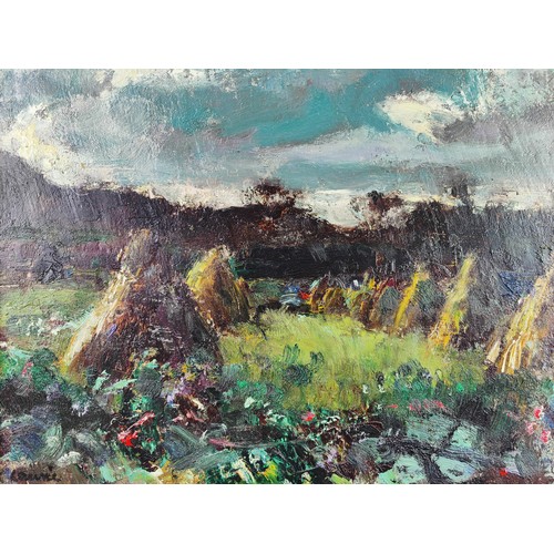 76 - J AUCHINLECK, 'Stooks in Skye', oil on board, 34cm x 44cm, framed.