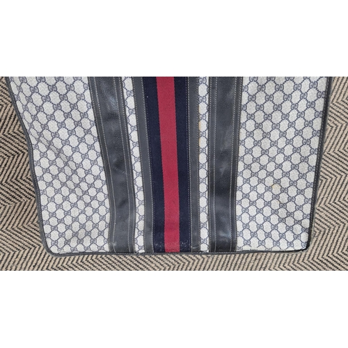 18 - VINTAGE GUCCI GARMENT BAGS, monogram canvas with navy blue leather handles and trims, main internal ... 