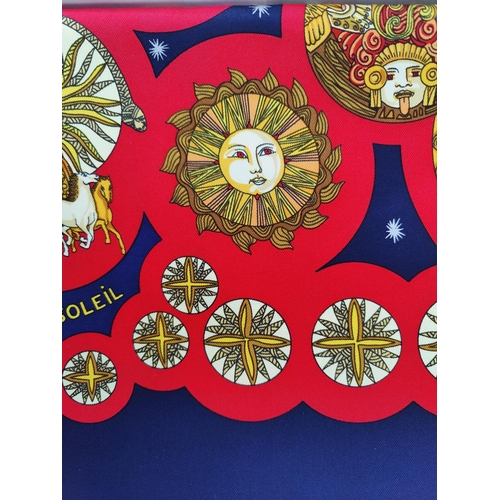 21 - HERMÈS SCARF 'LE ROY SOLEIL', by Annie Faivre first issued in 1994, sun motif on blue background, 90... 