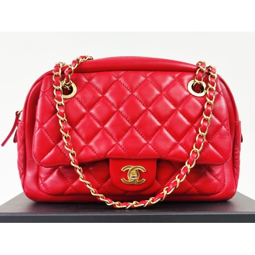 28 - CHANEL HANDBAG, red leather body with matching satin lining, top zippered closure, rear slip pocket ... 