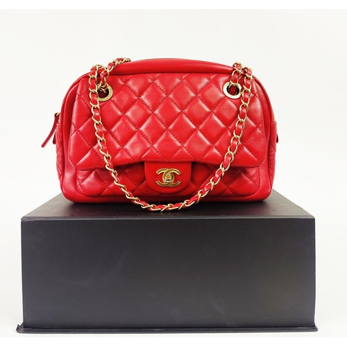 28 - CHANEL HANDBAG, red leather body with matching satin lining, top zippered closure, rear slip pocket ... 