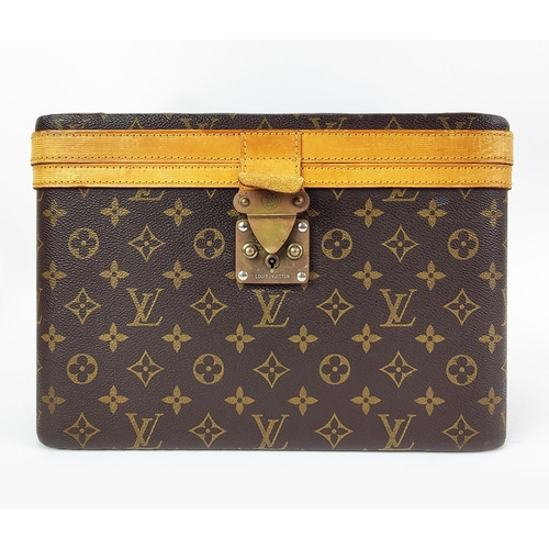 32 - LOUIS VUITTON VANITY CASE, hard sided monogram canvas with leather trim, 22cm H x 33cm x 23cm.